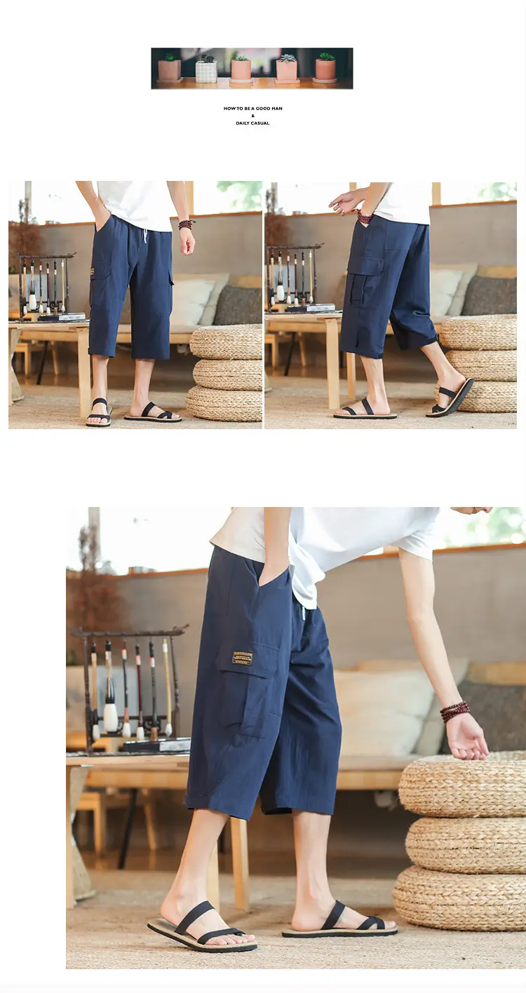 2025 Summer Men's Black Cropped Cotton Pants with Pocket — feature 13