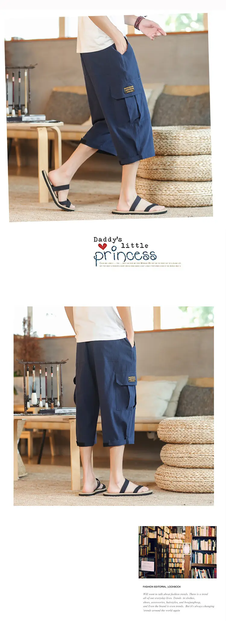 2025 Summer Men's Black Cropped Cotton Pants with Pocket — feature 14
