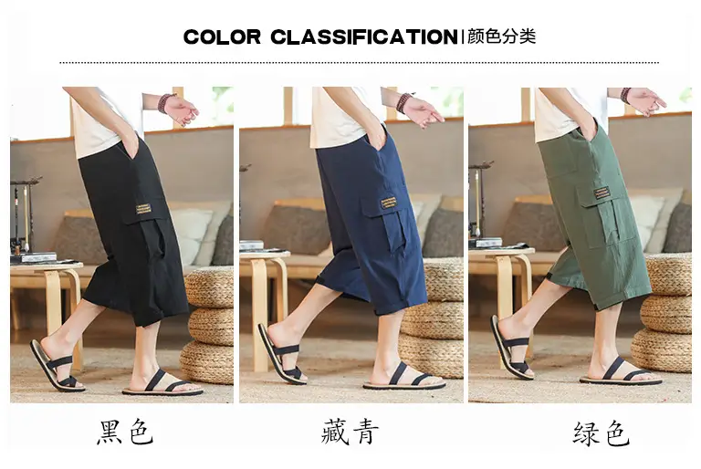 2025 Summer Men's Black Cropped Cotton Pants with Pocket — feature 2