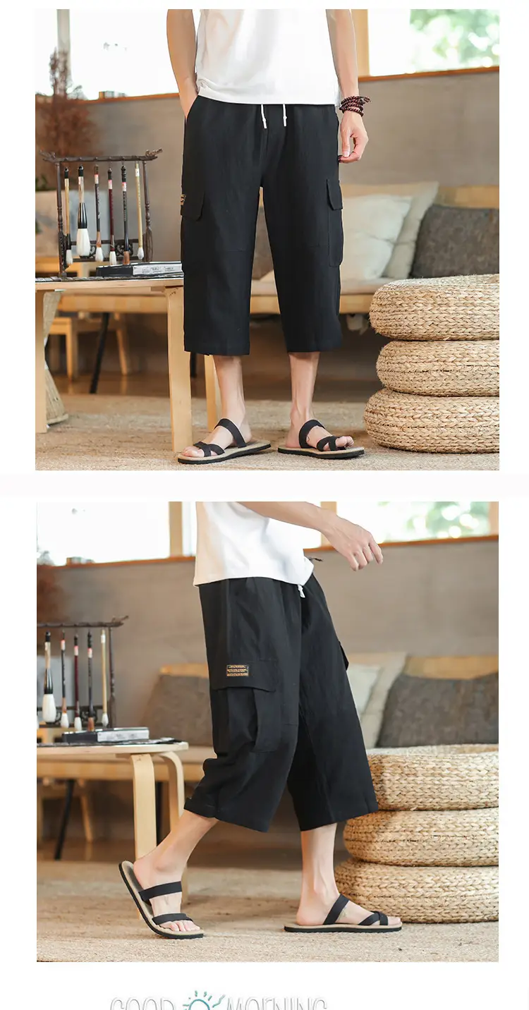 2025 Summer Men's Black Cropped Cotton Pants with Pocket — feature 3