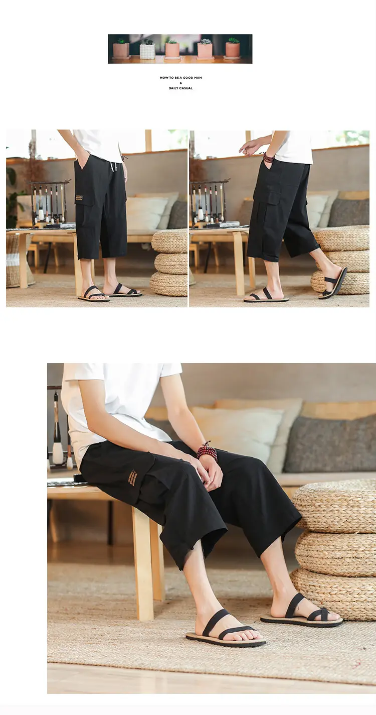 2025 Summer Men's Black Cropped Cotton Pants with Pocket — feature 4