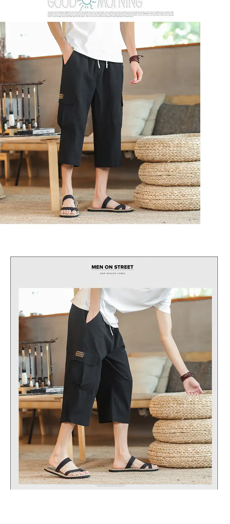 2025 Summer Men's Black Cropped Cotton Pants with Pocket — feature 5