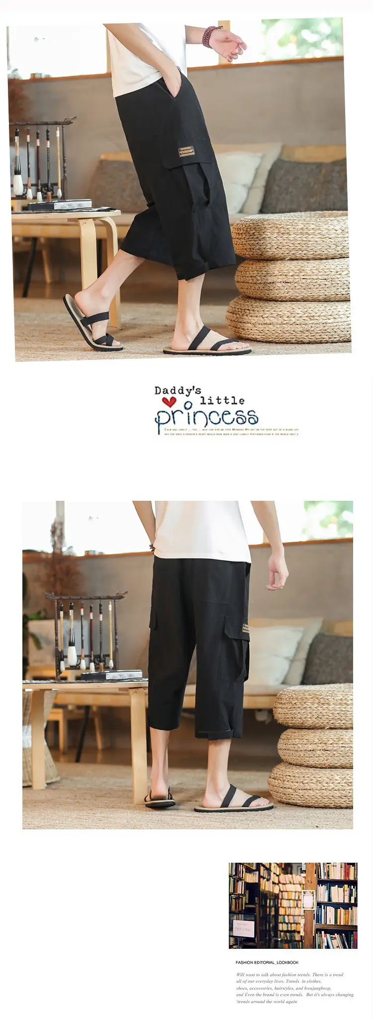 2025 Summer Men's Black Cropped Cotton Pants with Pocket — feature 6