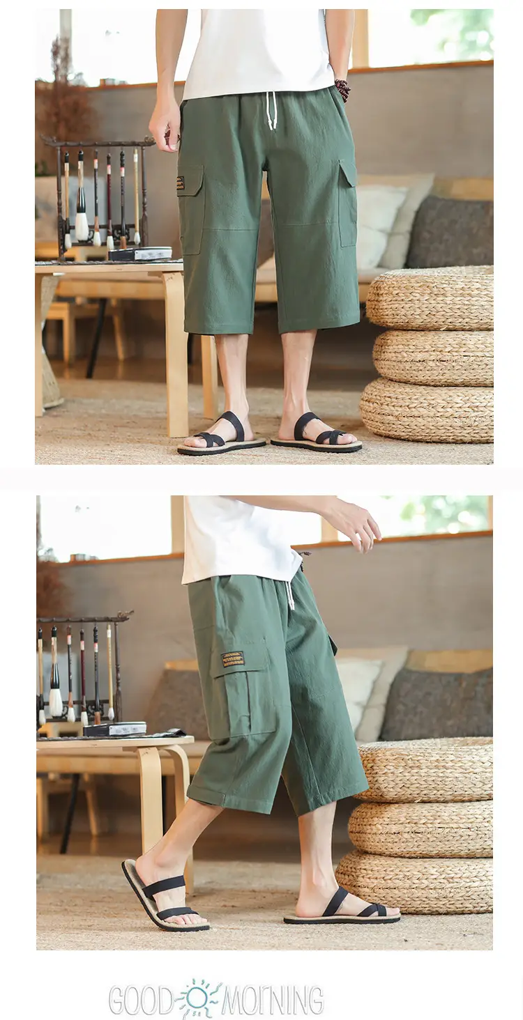 2025 Summer Men's Black Cropped Cotton Pants with Pocket — feature 7