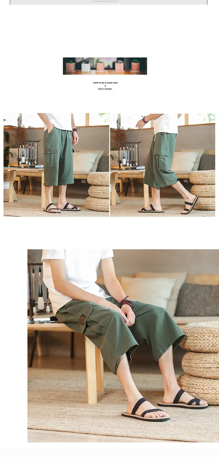 2025 Summer Men's Black Cropped Cotton Pants with Pocket — feature 9