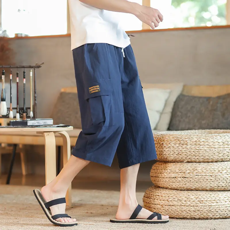 2025 Summer Men's Black Cropped Cotton Pants with Pocket - Image 3