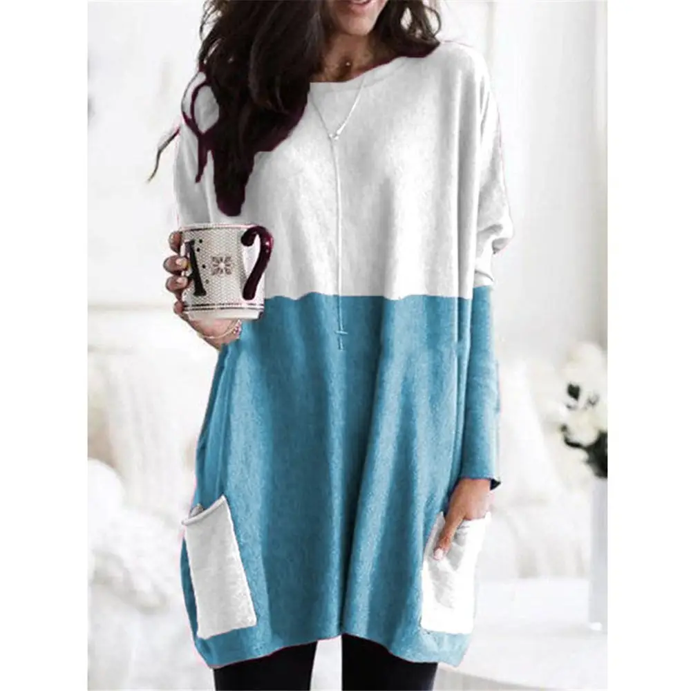 Women Long Sleeve T-Shirt Teal Casual Pocket Autumn Winter - Image 14