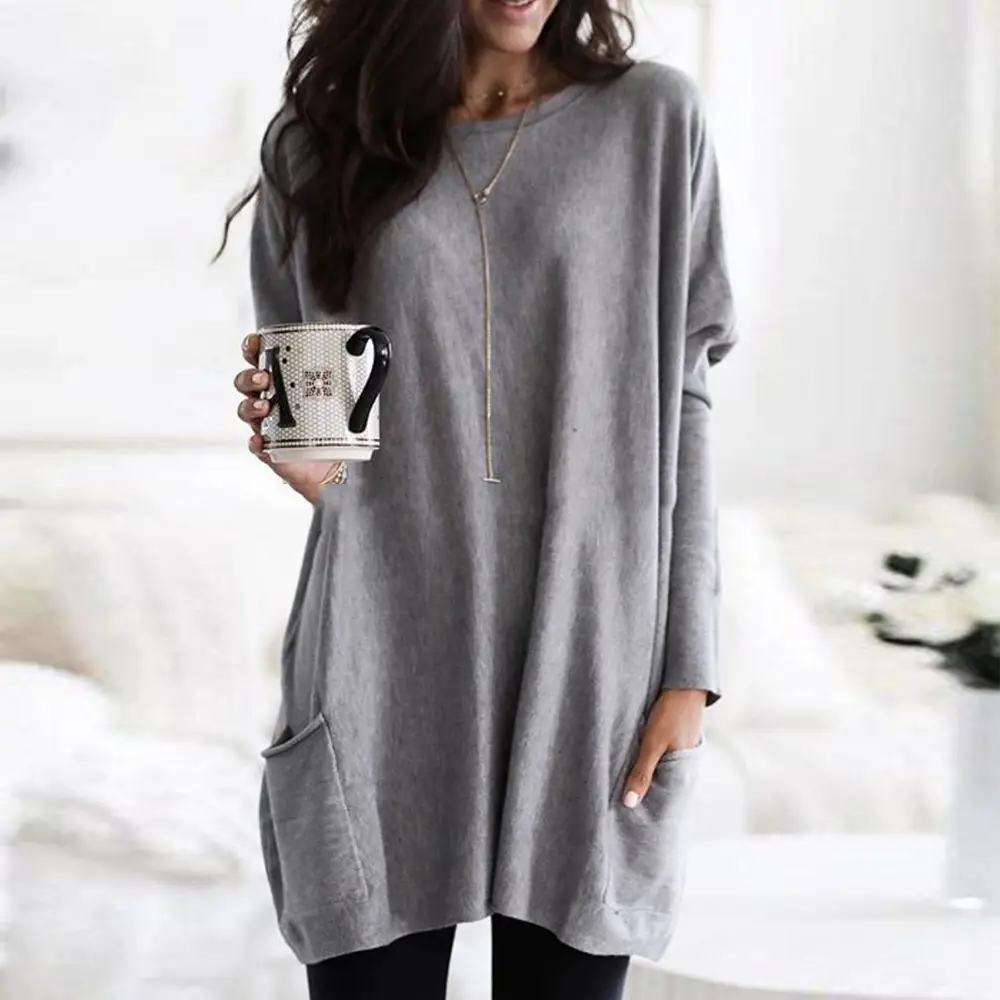 Women Long Sleeve T-Shirt Teal Casual Pocket Autumn Winter - Image 2