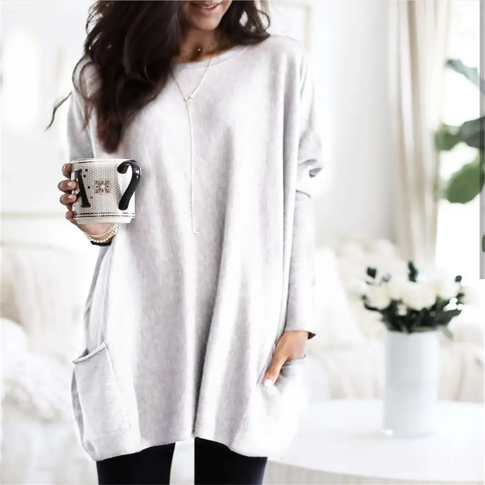 Women Long Sleeve T-Shirt Teal Casual Pocket Autumn Winter - Image 6