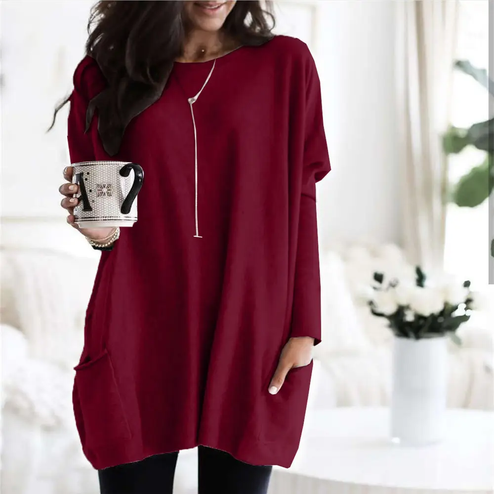 Women Long Sleeve T-Shirt Teal Casual Pocket Autumn Winter - Image 9