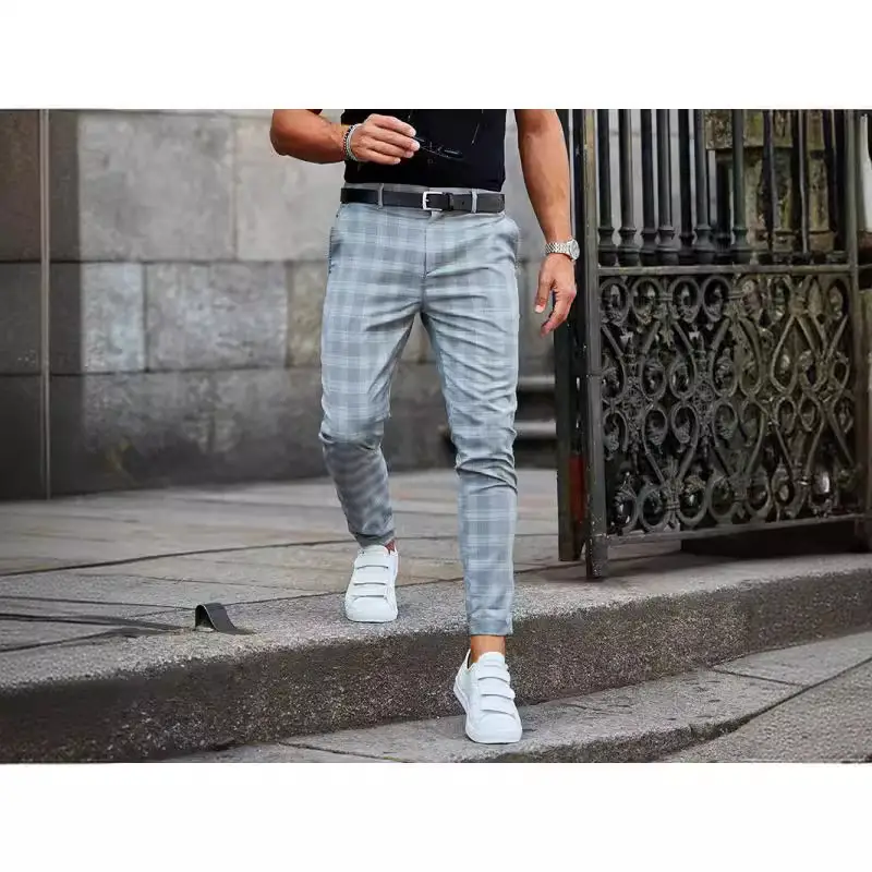 2021 Men's Grey Plaid Casual Pants Loose Fit - Image 5