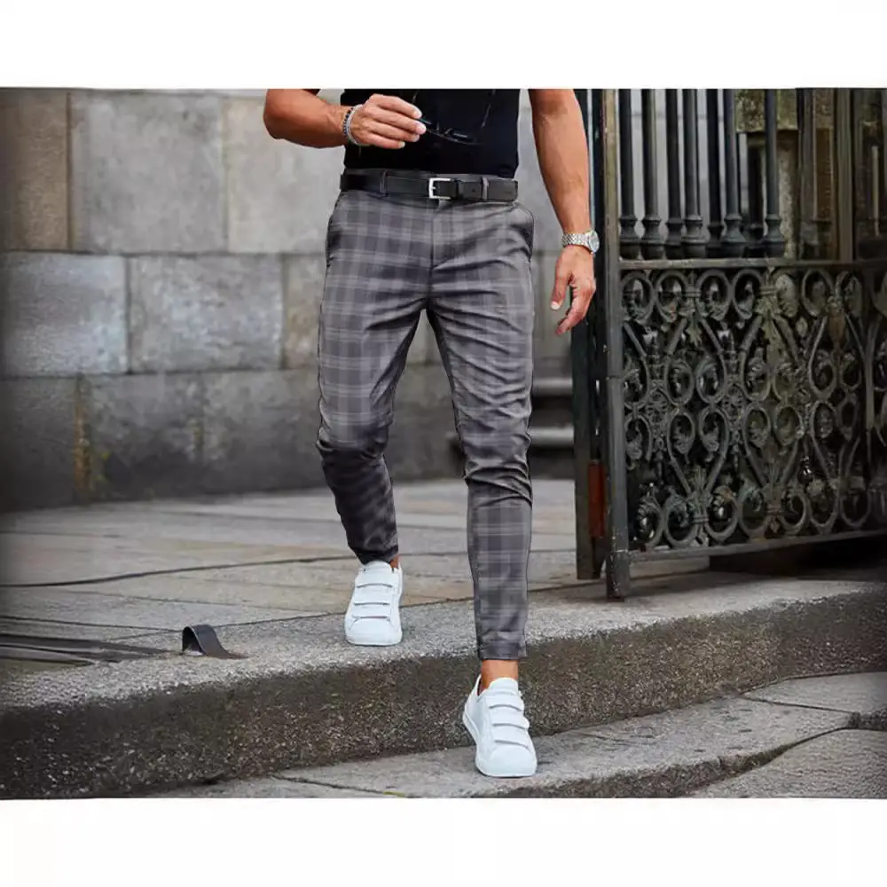 2021 Men's Grey Plaid Casual Pants Loose Fit - Image 6