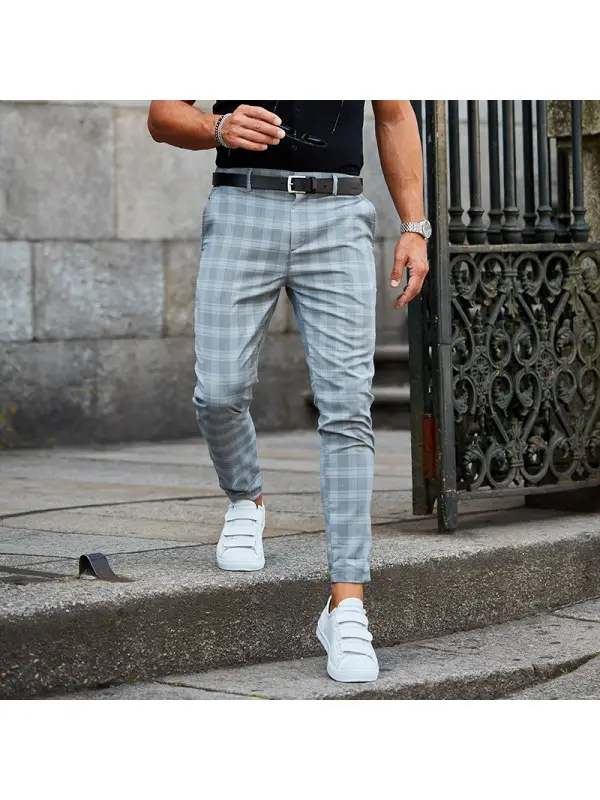 2021 Men's Grey Plaid Casual Pants Loose Fit - Image 3