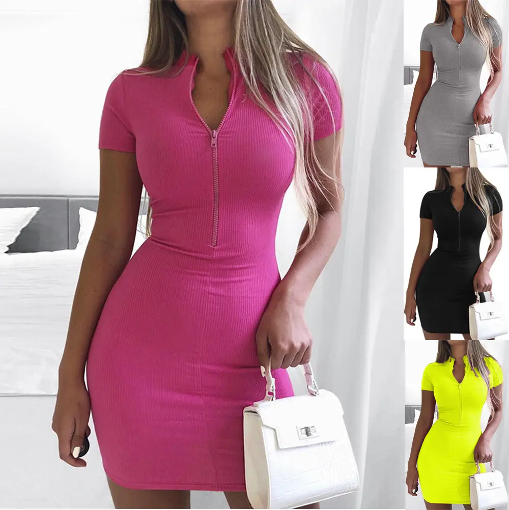 Spring Zipper Fluorescent Short Sleeve Dress - Image 3