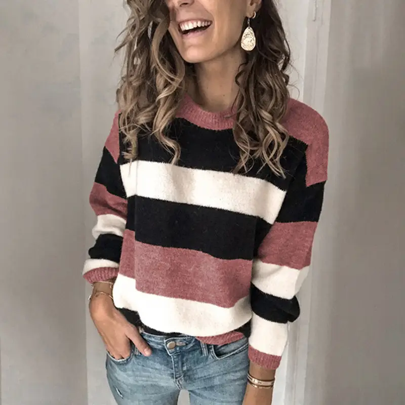 Women's Striped Knitted Pullover Sweater Round Neck - Image 6