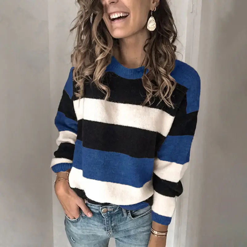 Women's Striped Knitted Pullover Sweater Round Neck - Image 7