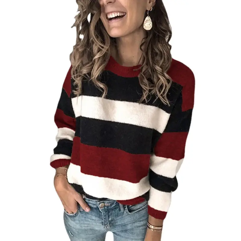 Women's Striped Knitted Pullover Sweater Round Neck - Image 8