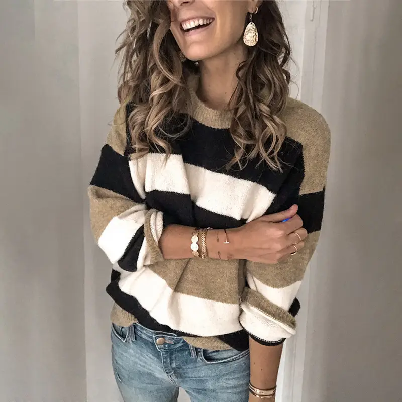 Women's Striped Knitted Pullover Sweater Round Neck - Image 2