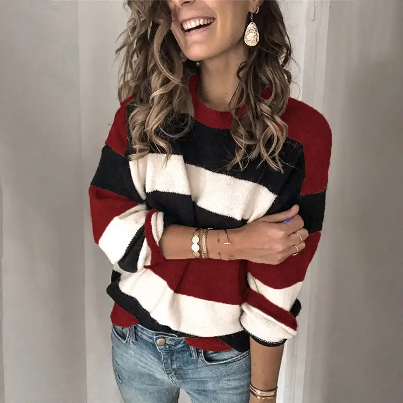 Women's Striped Knitted Pullover Sweater Round Neck - Image 3