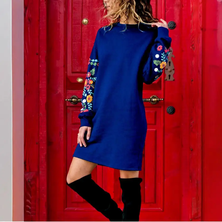 Black Long Sleeve Dress with Embroidered Sleeves and Glue - Image 8