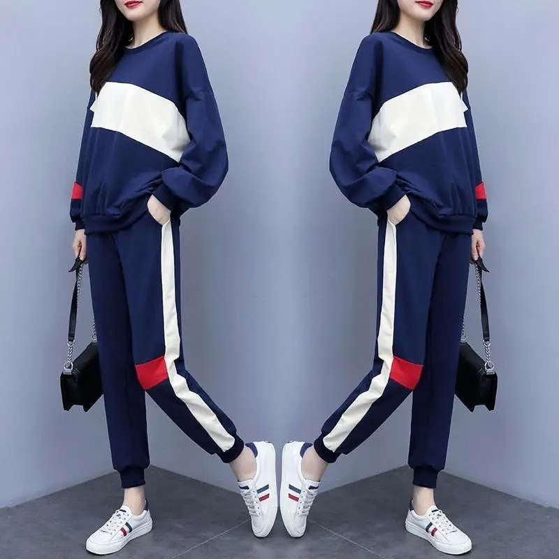 Women Korean Style Sports Suit Blue White Red Medium