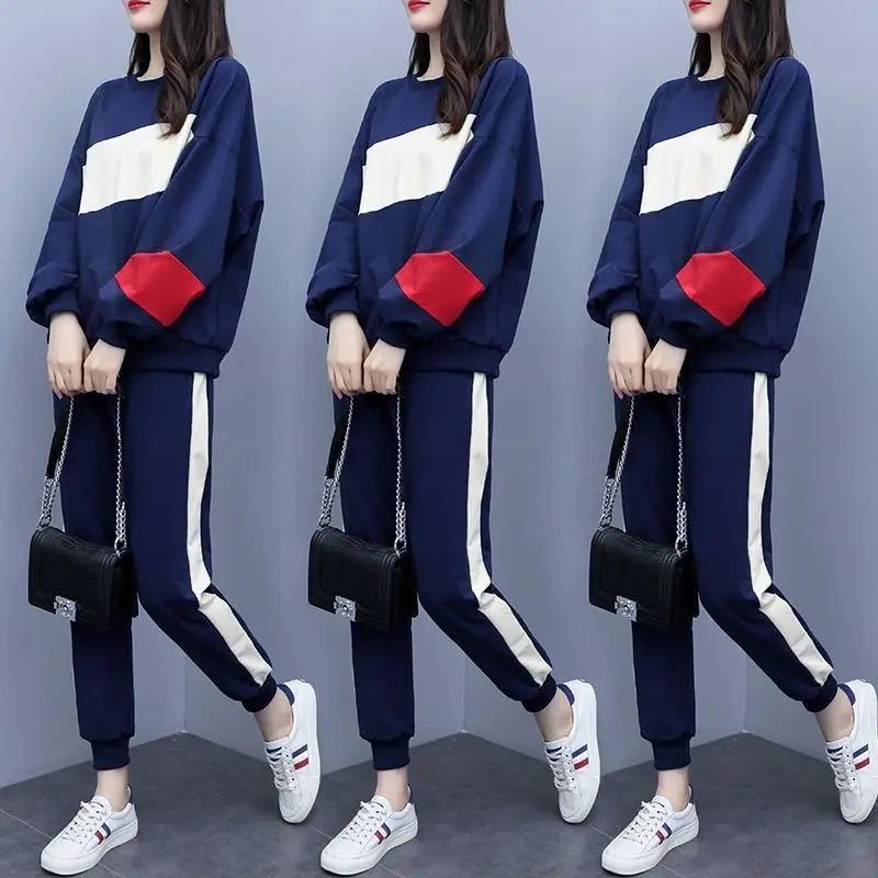 Women Korean Style Sports Suit Blue White Red Medium