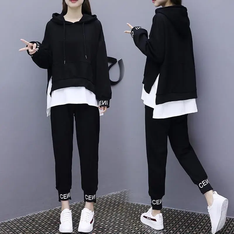 Women Black Hoodie Sweatpants Set Korean Style 2020 - Image 3