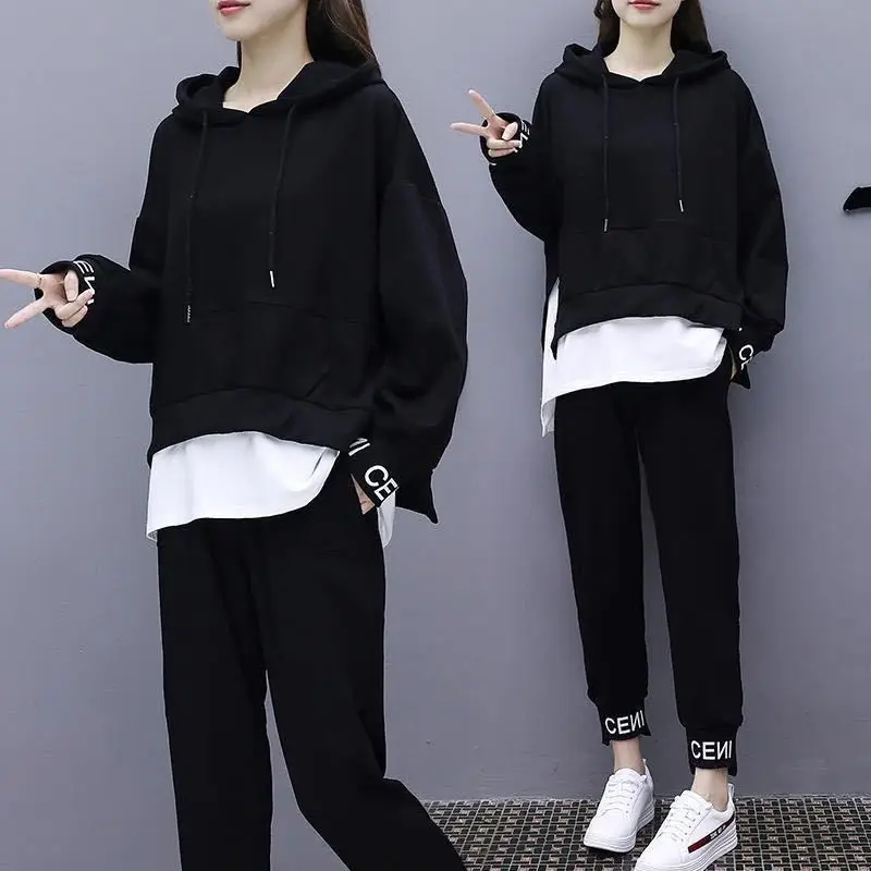 Women Black Hoodie Sweatpants Set Korean Style 2020 - Image 4