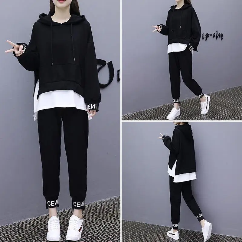 Women Black Hoodie Sweatpants Set Korean Style 2020 - Image 5