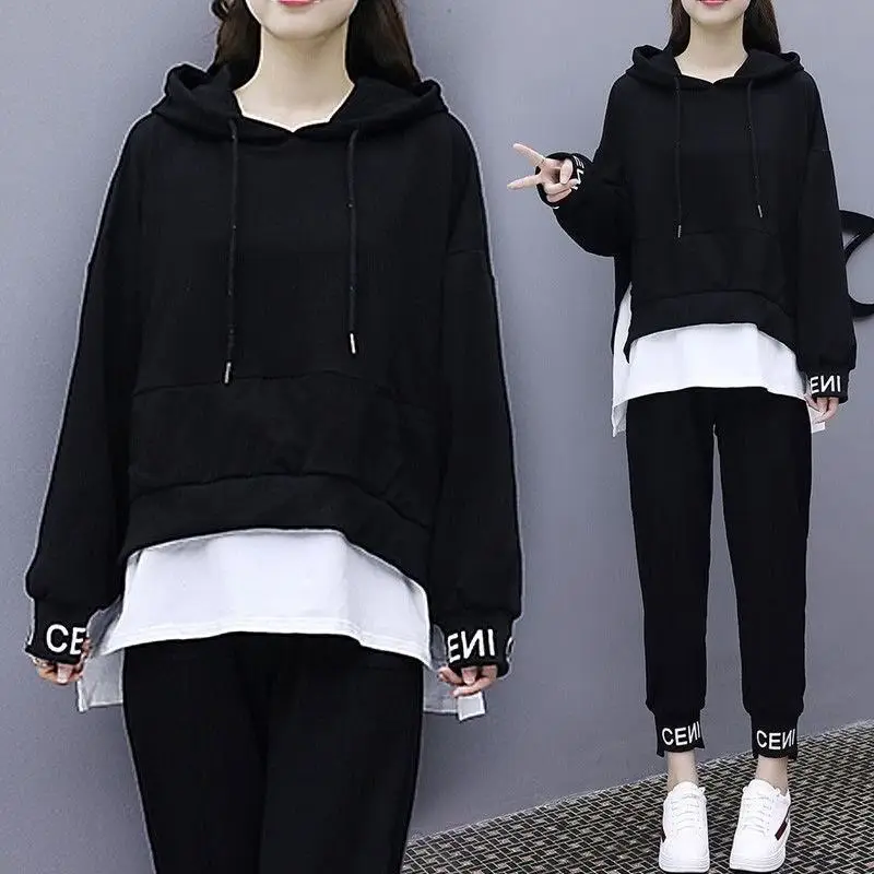 Women Black Hoodie Sweatpants Set Korean Style 2020 - Image 6