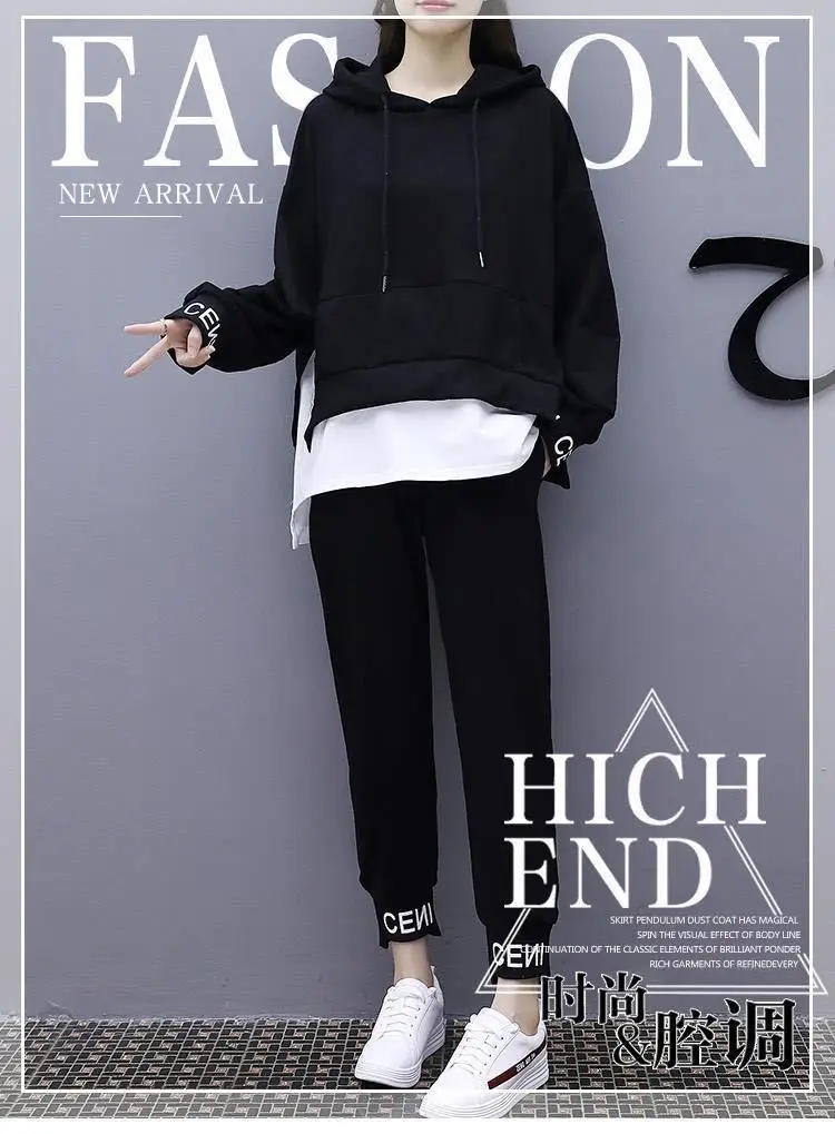 Women Black Hoodie Sweatpants Set Korean Style 2020 — feature 1