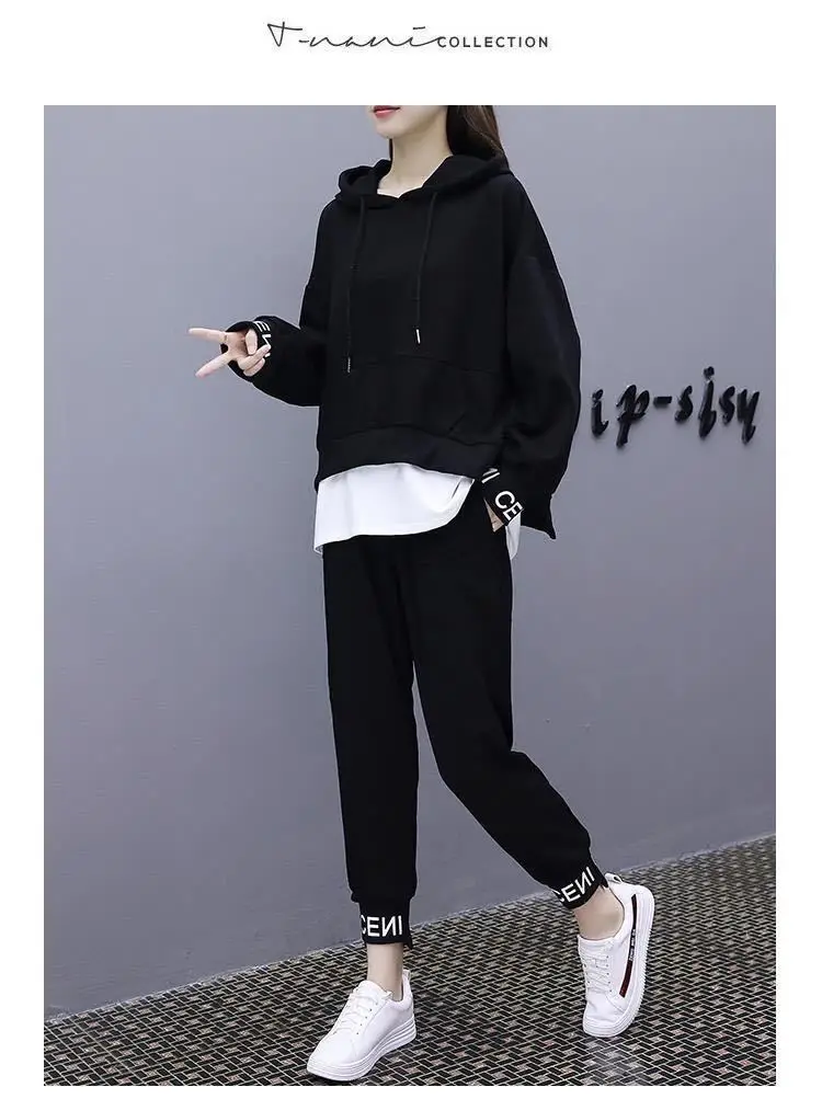Women Black Hoodie Sweatpants Set Korean Style 2020 — feature 10