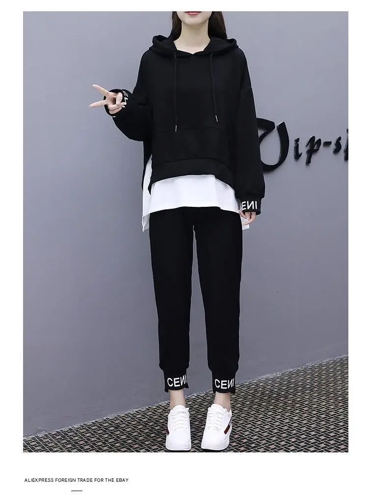 Women Black Hoodie Sweatpants Set Korean Style 2020 — feature 12
