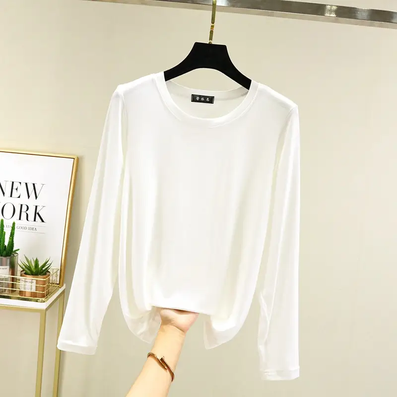 Women's White Half Collar T-Shirt Solid Color