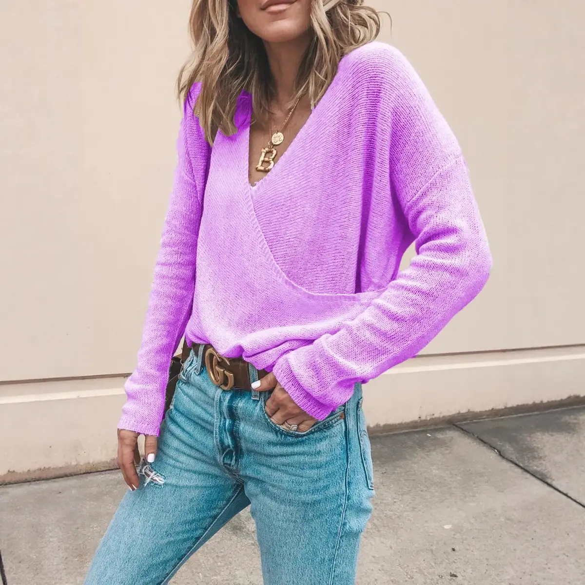Women's 2023 Purple Long Sleeve V-Neck Sweater - Image 5