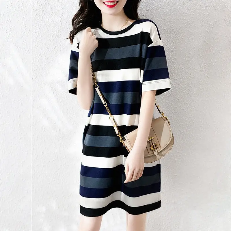Women Striped T-Shirt Dress Navy White Mid-Length Loose Fit - Image 2