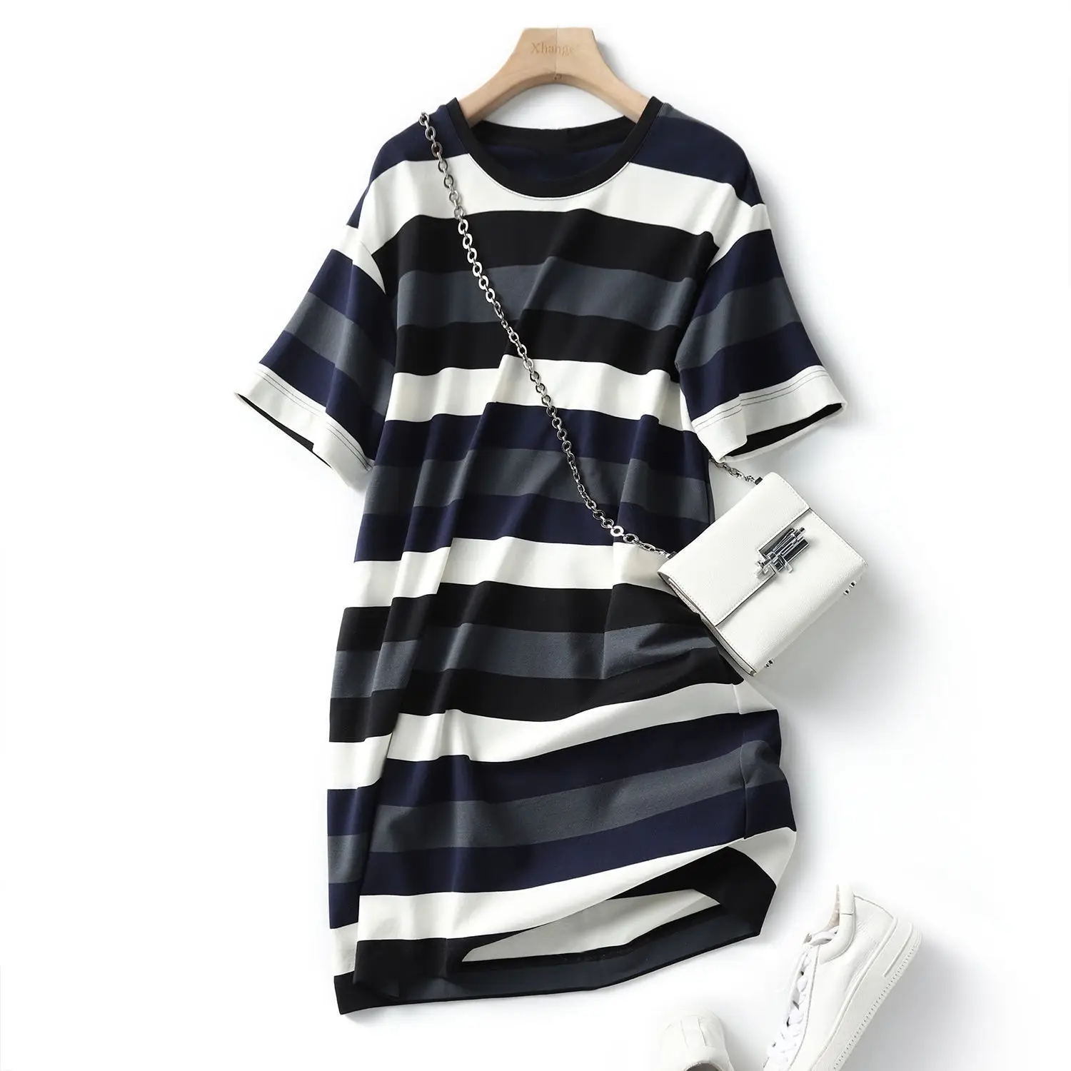 Women Striped T-Shirt Dress Navy White Mid-Length Loose Fit - Image 4