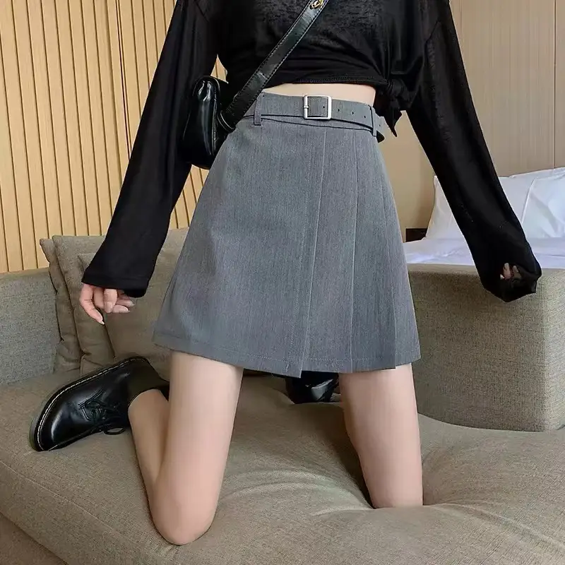 Women Pleated Belted Grey Skirt 2482 - Image 4