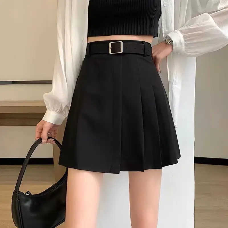 Women Pleated Belted Grey Skirt 2482 - Image 6