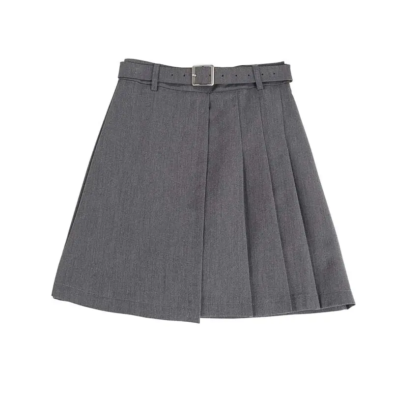 Women Pleated Belted Grey Skirt 2482 - Image 7