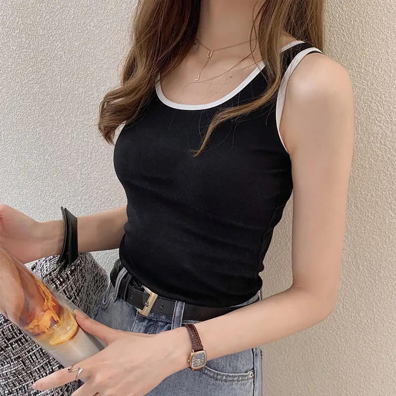 Women's White Sleeveless Vest with Black Trim - Image 2