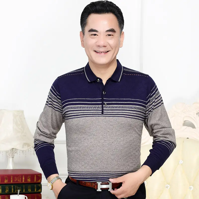 Dad's Long Sleeve Striped T-Shirt Blue Grey Maroon 40-50 - Image 3