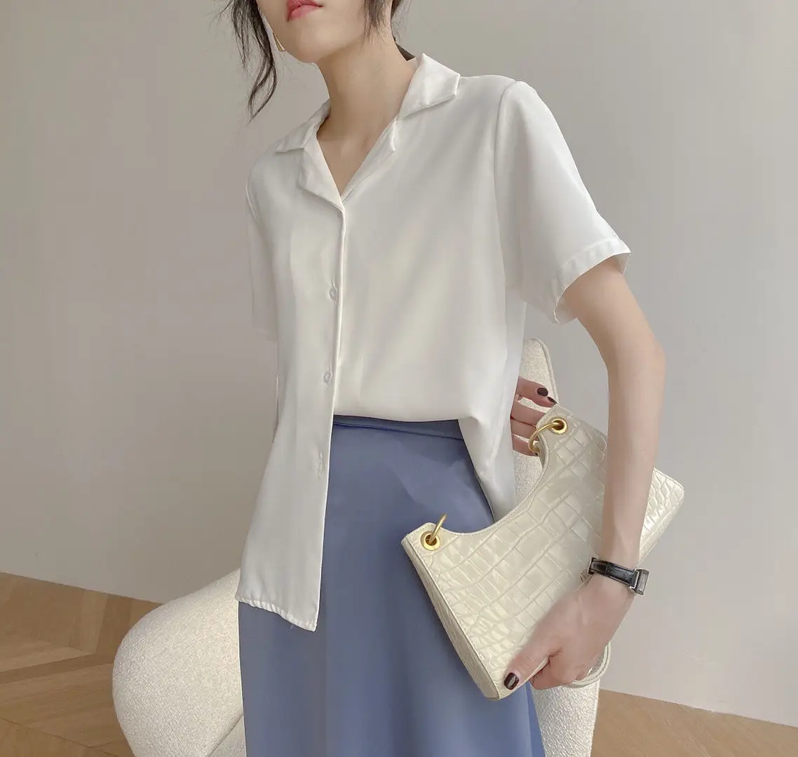 Women V-Neck Chiffon Shirt Black 2024 Summer — feature 11