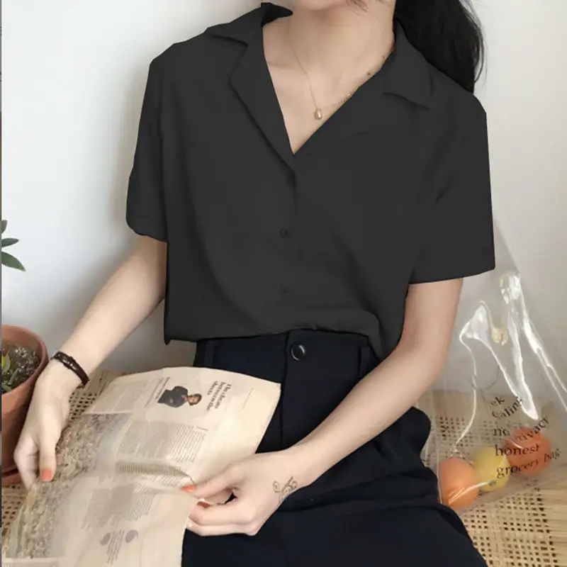 Women V-Neck Chiffon Shirt Black 2024 Summer - Image 2