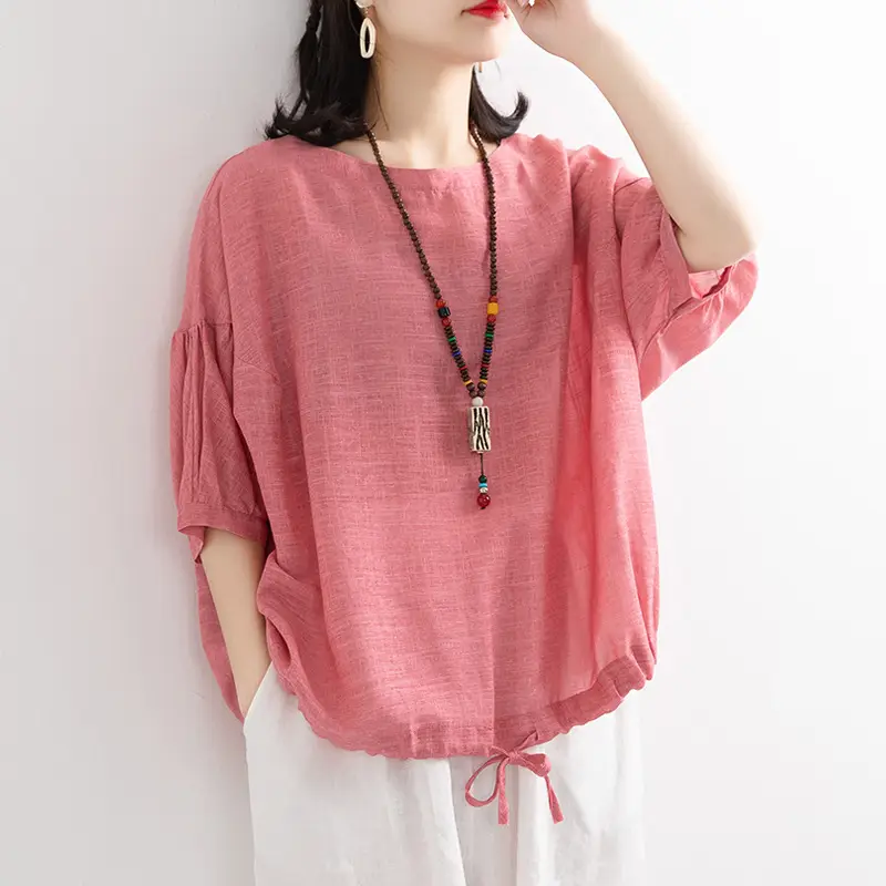 Women Loose Blue Drawstring T-Shirt Mid Sleeve - Image 7