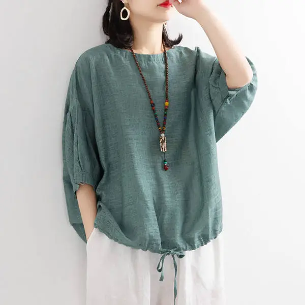 Women Loose Blue Drawstring T-Shirt Mid Sleeve - Image 8