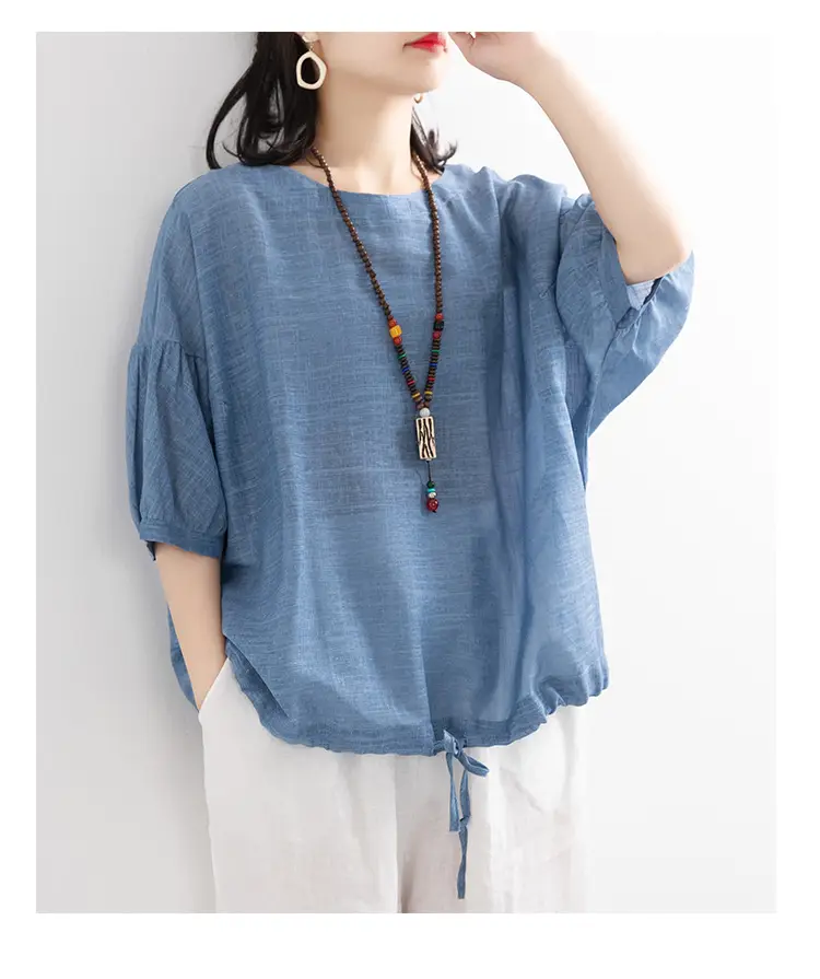 Women Loose Blue Drawstring T-Shirt Mid Sleeve — feature 1