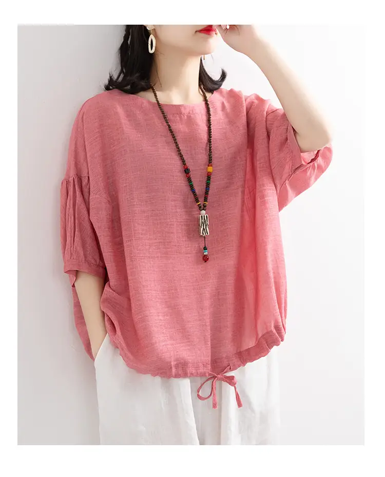 Women Loose Blue Drawstring T-Shirt Mid Sleeve — feature 3