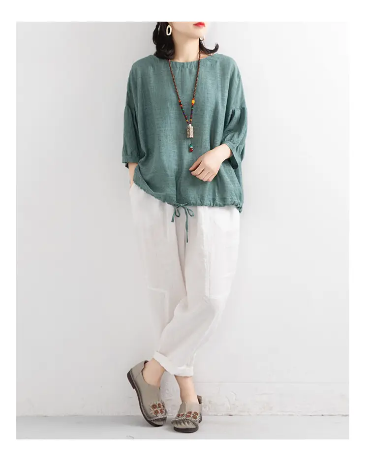 Women Loose Blue Drawstring T-Shirt Mid Sleeve — feature 5