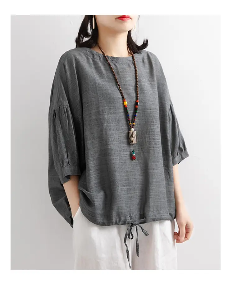 Women Loose Blue Drawstring T-Shirt Mid Sleeve — feature 7